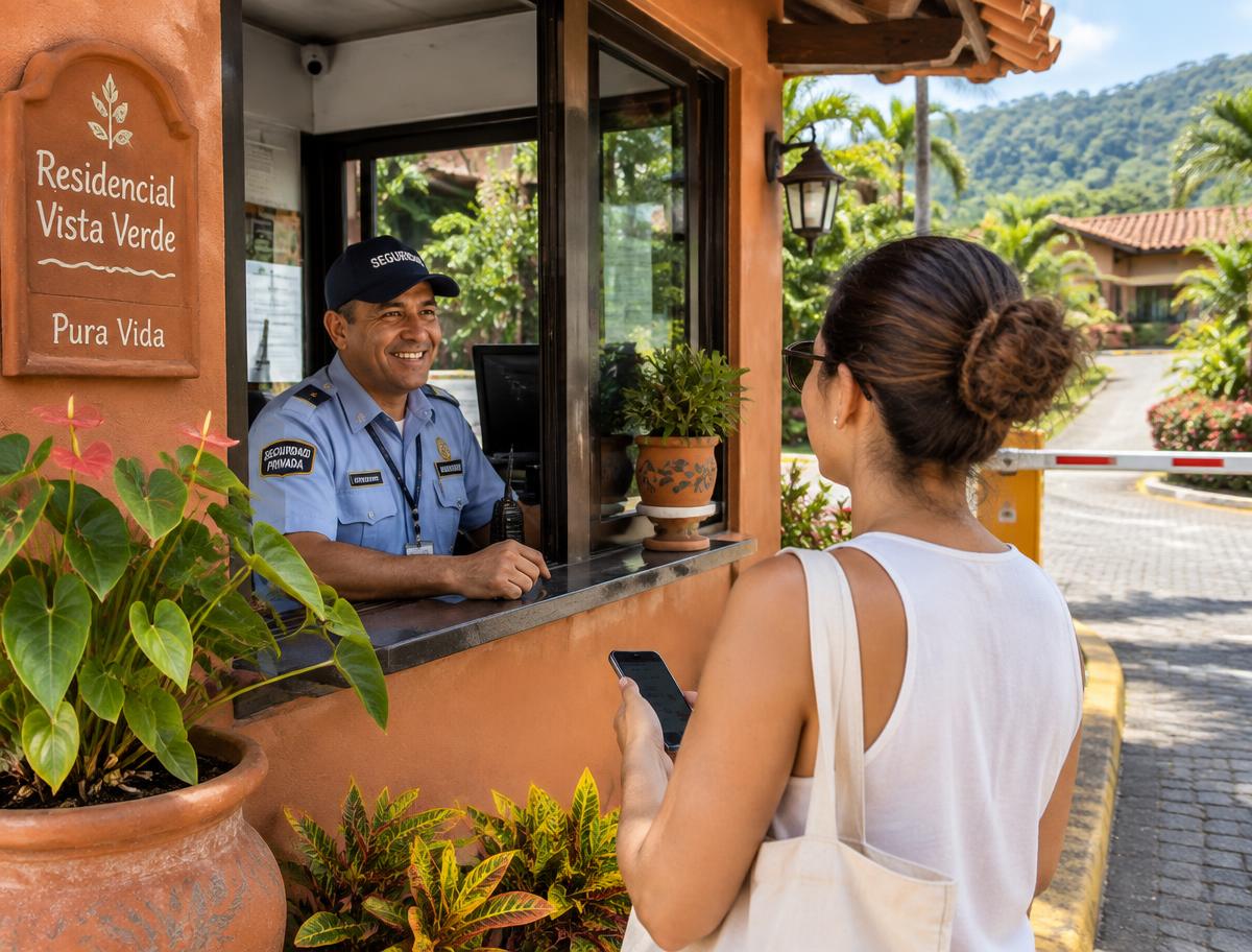 Guarda saludando a una visita en la garita